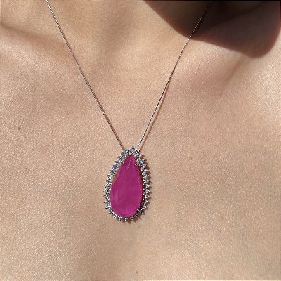 Colar Gota Borda Cravejada Pink Fusion Banhado a Ródio Branco