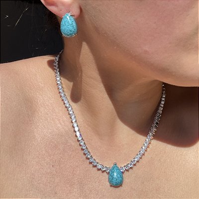 Conjunto Riviera Gota Turquesa Banhado a Ródio Branco