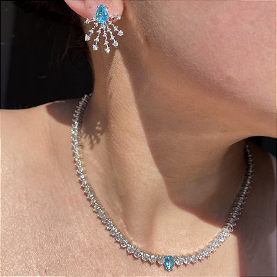 Conjunto Riviera Gota Azul Banhado a Ródio Branco