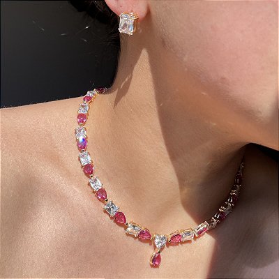 Conjunto Luxo Gravata Rubi Banhado a Ouro