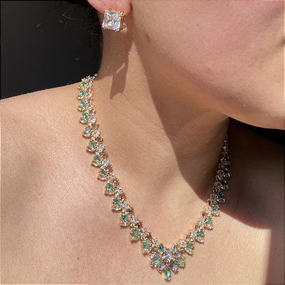 Conjunto Luxo Bicolor Turmalina e Ametista Banhado a Ouro