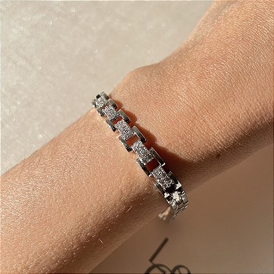 Pulseira Square Cravejada Banhado a Ródio Branco
