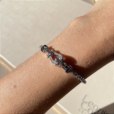 Pulseira Malha Fecho Cravejado Banhado a Ródio Branco