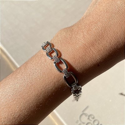 Pulseira Elo Oval Cravejado Banhado a Ródio Branco