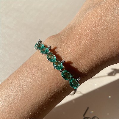 Pulseira Oval Turmalina Banhado a Ródio Branco