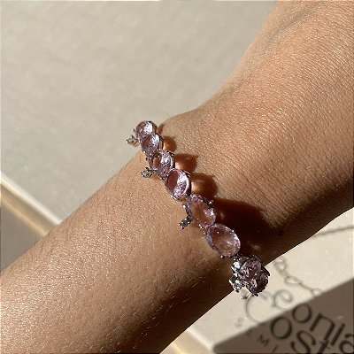 Pulseira Oval Rosa Claro Banhado a Ródio Branco