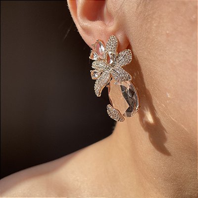 Brinco Flower Oval Cristal Banhado a Ouro