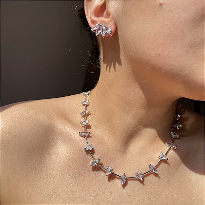 Conjunto Riviera Navetes Fio Faca Banhado a Ródio Branco