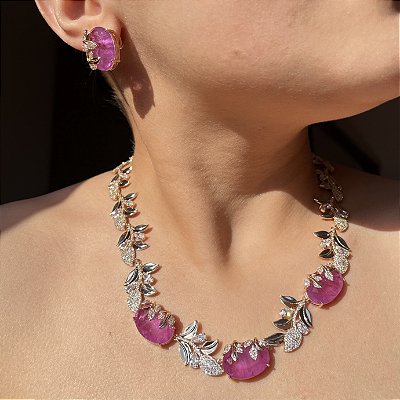 Conjunto Luxo Flowers Riviera Oval Fúcsia Fusion Banhado a Ouro