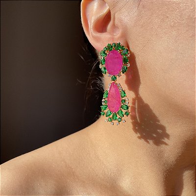 Brinco Bicolor Esmeralda e Pink Fusion Banhado a Ouro