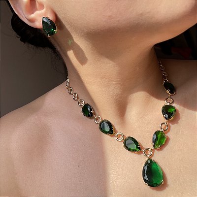 Conjunto Luxo Elos Gotas Esmeralda Banhado a Ouro