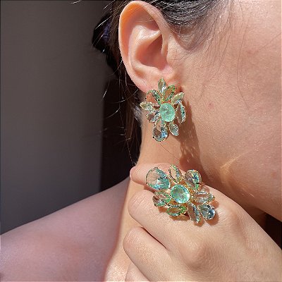 Conjunto Luxo Verde Menta e Greenery Fusion Banhado a Ouro