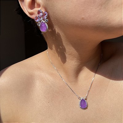 Conjunto Gota Ametista e Ultraviolet Fusion Banhado a Ródio Branco