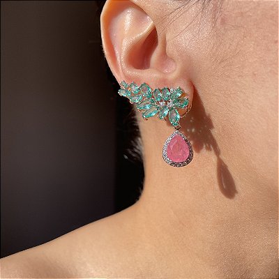 Brinco Ear Cuff Turmalina e Light Pink Fusion Banhado a Ródio Branco