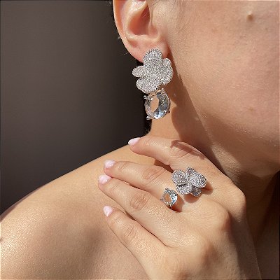 Conjunto Luxo 2 em 1 Flower Cristal Banhado a Ródio Branco - Aro Regulável