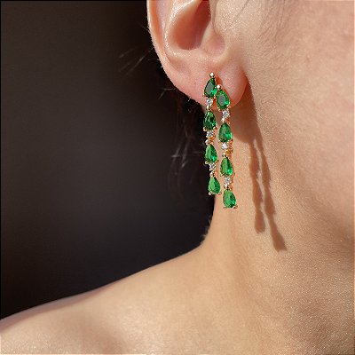 Brinco Cascata Dupla Verde Esmeralda Banhado a Ouro