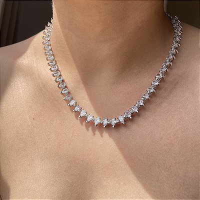 Colar Riviera Gotas Cristal Semi Rígida Banhado a Ródio Branco