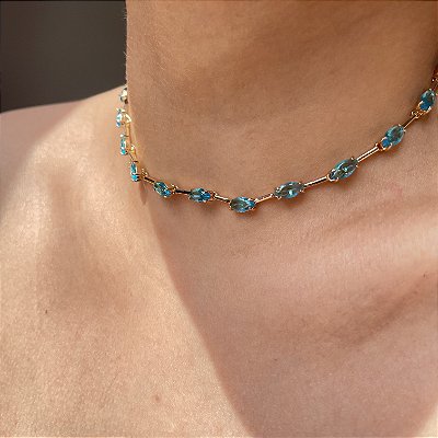 Colar Riviera Fio Faca Gotas Azul Banhado a Ouro