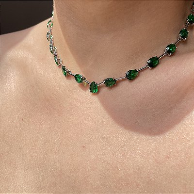 Colar Riviera Fio Faca Gotas Verde Esmeralda Banhado a Ródio Branco