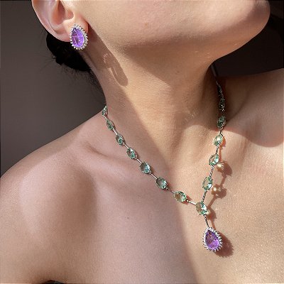 Conjunto Luxo Gotas Greenery e Ultraviolet Fusion Banhado a Ródio Branco