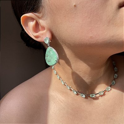 Conjunto Luxo Gotas Greenery Leitoso e Fusion Banhado a Ródio Branco