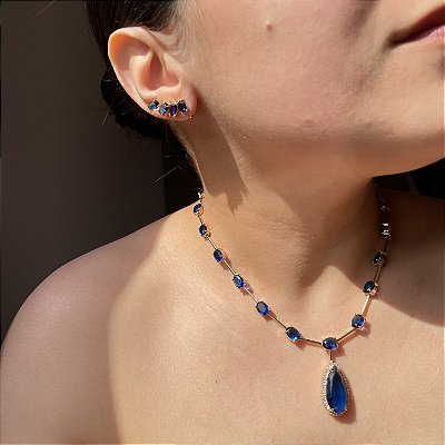 Conjunto Luxo Gota Safira Azul Banhado a Ouro