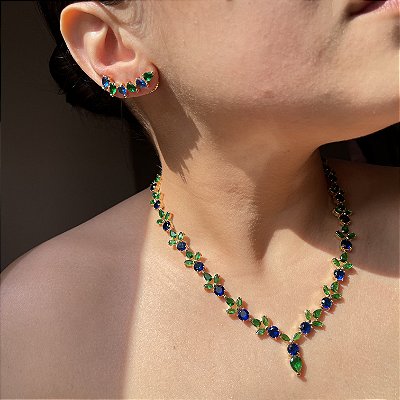 Conjunto Luxo Safira Azul e Verde Esmeralda Banhado a Ouro