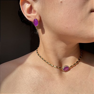Conjunto Oval Ultraviolet Fusion Banhado a Ouro