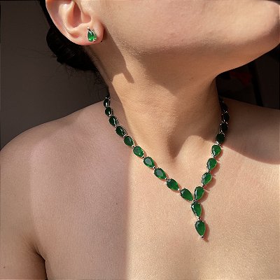 Conjunto Luxo Gravata Gotas Verde Esmeralda Banhado a Ródio Branco