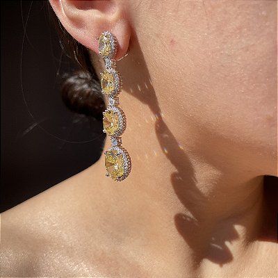 Brinco Princess Oval Yellow Banhado a Ródio Branco