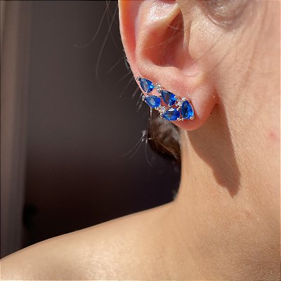 Brinco Ear Cuff Safira Azul Banhado a Ródio Branco