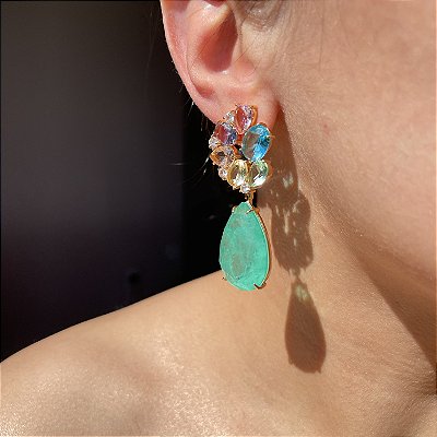 Brinco Luxo Colors e Gota Turmalina Fusion Banhado a Ouro