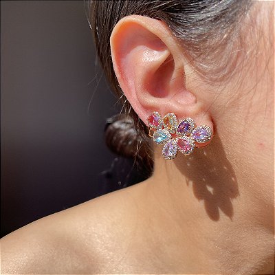 Brinco Ear Cuff Gotas Colors Banhado a Ouro