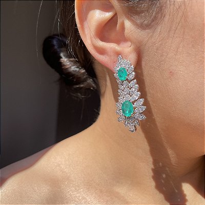 Brinco Baguete Oval Turmalina Fusion Banhado a Ródio Branco