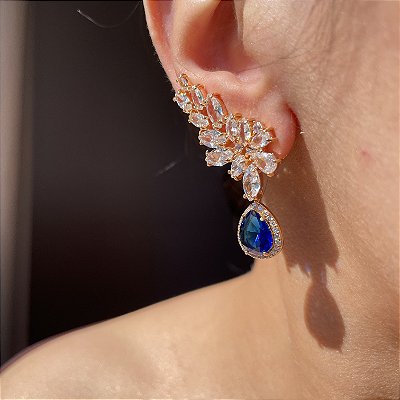 Brinco Ear Cuff Gota Safira Azul Banhado a Ouro