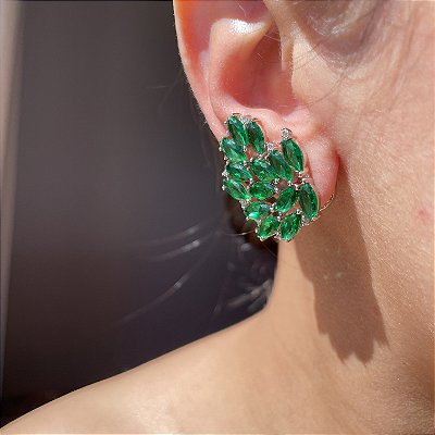 Brinco Ear Cuff Asa Navetes Esmeralda Banhado a Ródio Branco