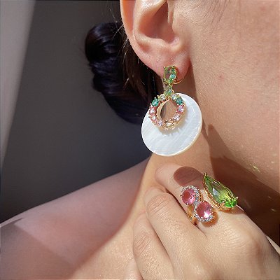 Conjunto Madrepérola Colors Banhado a Ouro - Aro Regulável