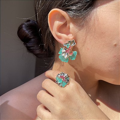 Conjunto Leque Bicolor Turmalina e Safira Rosa Banhado a Ouro - Aro 21