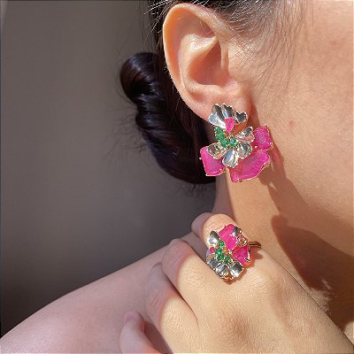Conjunto Leque Bicolor Pink e Verde Esmeralda Banhado a Ouro - Aro 19