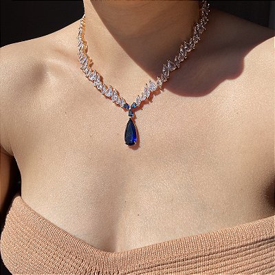Colar Luxo Riviera Gota Safira Azul Banhado a Ouro