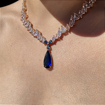 Colar Luxo Riviera Gota Safira Azul Banhado a Ouro
