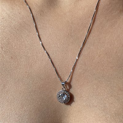 Colar Solitário Banhado Ródio Branco