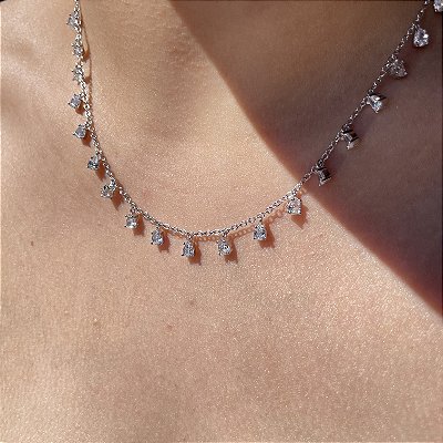 Colar Gotas Banhado a Ródio Branco