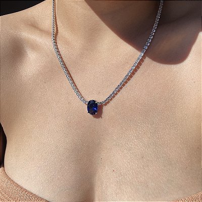 Colar Riviera Maleável Oval Safira Azul Banhado a Ródio Branco