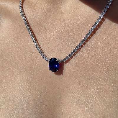 Colar Riviera Maleável Oval Safira Azul Banhado a Ródio Branco
