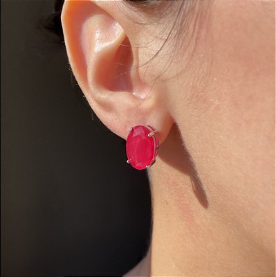 Brinco Oval Solitário Cherry Fusion Banhado Ródio Branco