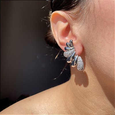 Brinco Ear Cuff Gotas Lisas e Cravejadas Banhado Rodio Branco