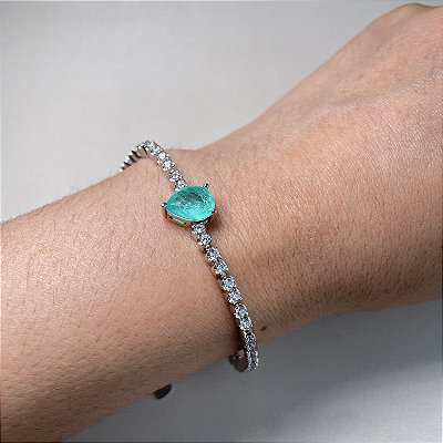 Pulseira Riviera Cristais Redondo e Gota Turmalina Fusion Banhado a Ródio Branco