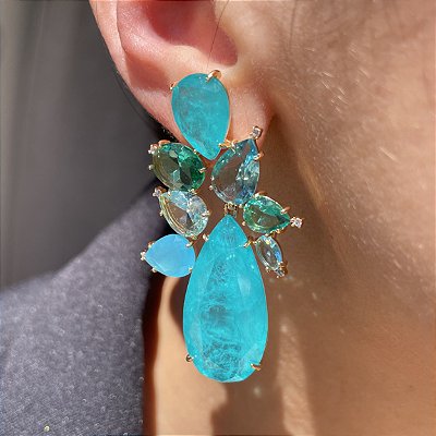 Brinco Luxo Bicolor Turmalina e Azul Fusion Banhado a Ouro