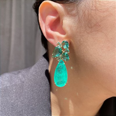 Brinco Luxo Gota Turmalina Fusion Banhado a Ouro